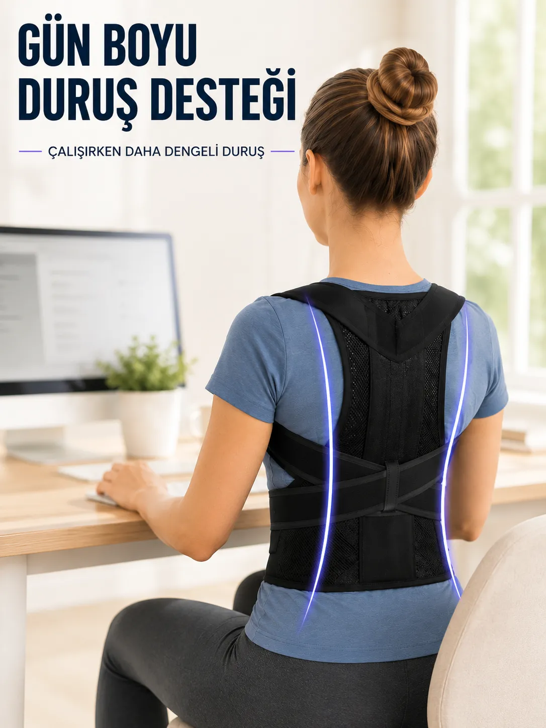Dik Durmaya Yardımcı Sırt Korsesi Nefes Alan Fileli Ayarlanabilir Bel ve Omuz Desteği