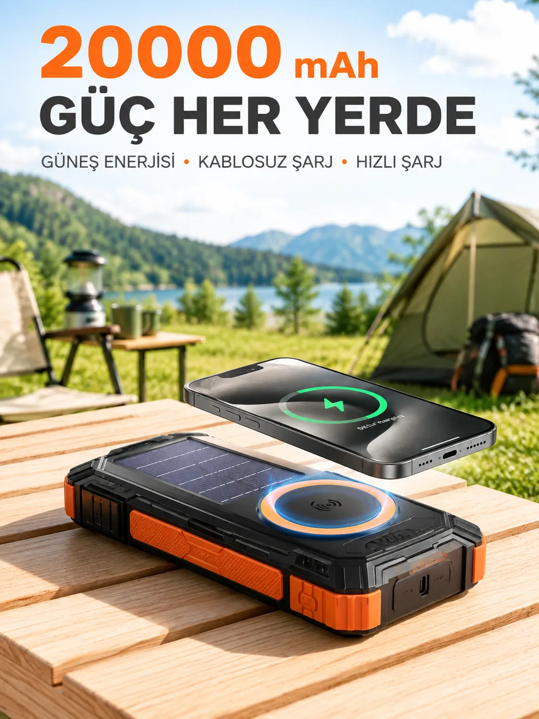 20000 mAh Powerbank Güneş Enerjili Kablosuz Şarj Hızlı Şarj Taşınabilir Batarya