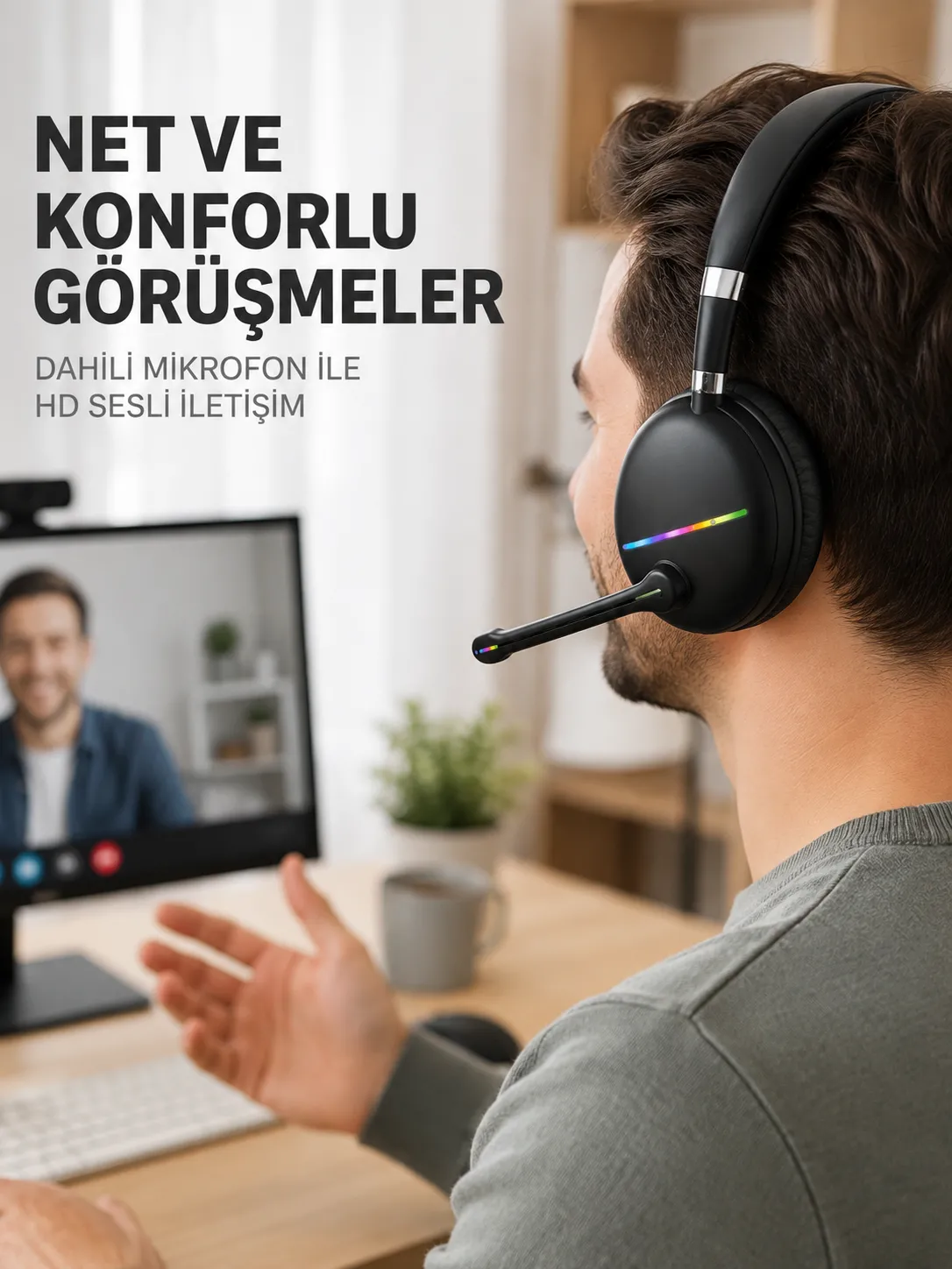 Bluetooth 5.0 Kablosuz Kulak Üstü Kulaklık Mikrofonlu RGB Aydınlatmalı