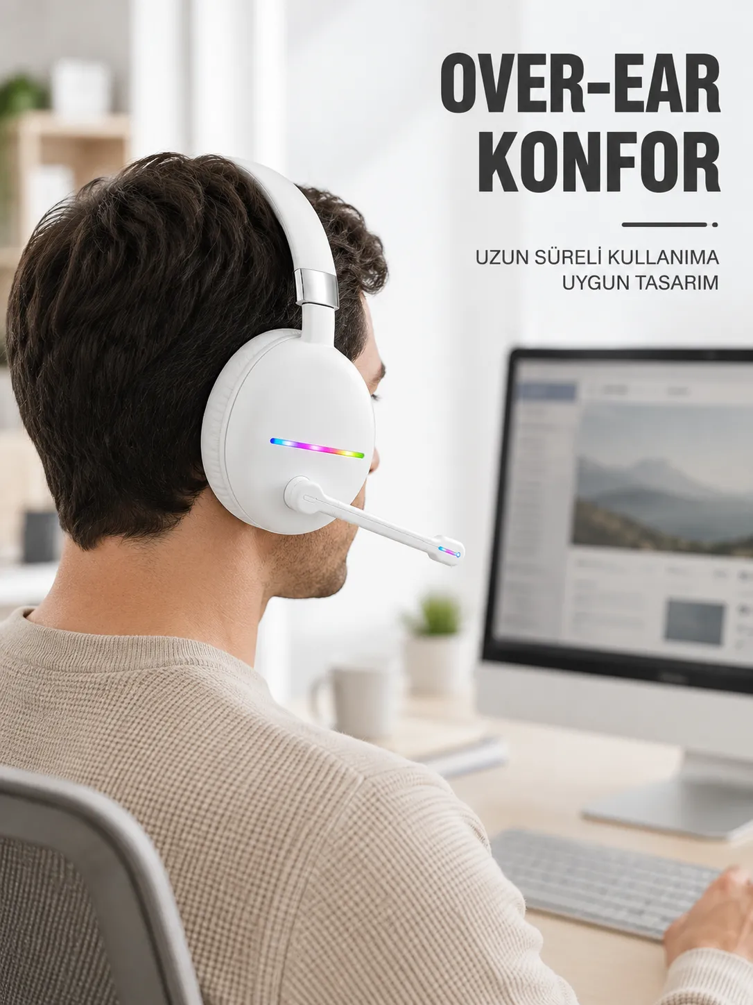 Beyaz Bluetooth 5.0 Mikrofonlu Kablosuz Kulak Üstü Kulaklık RGB Işıklı Type-C Şarjlı