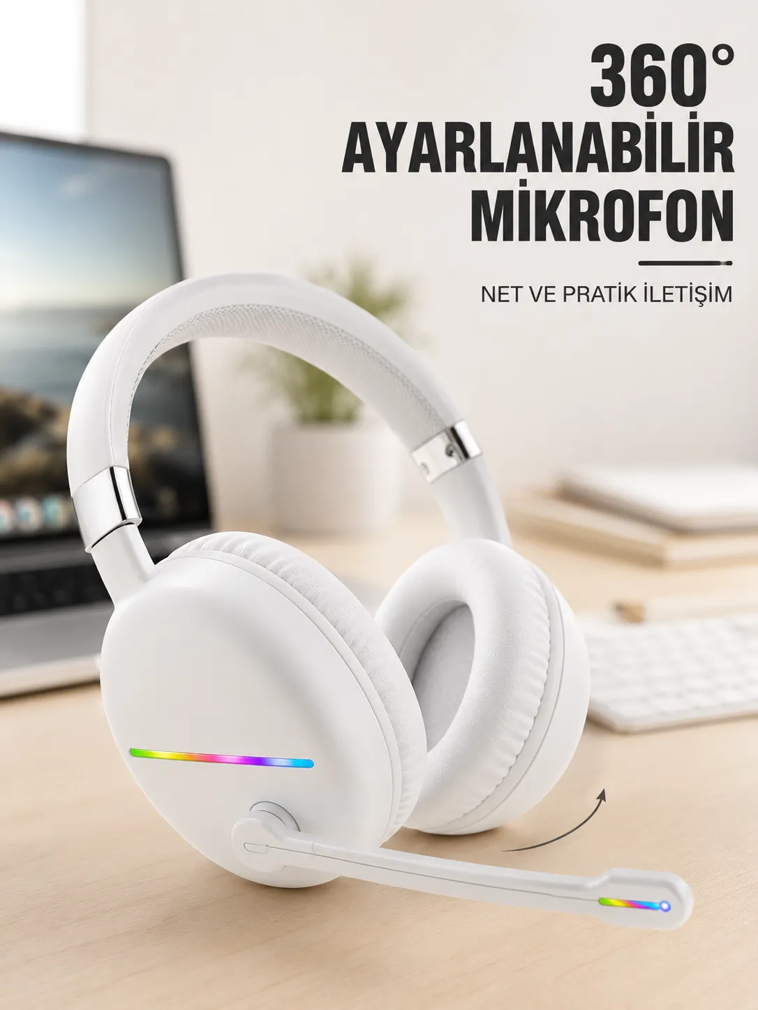 RGB Işıklı Mikrofonlu Bluetooth Kulaklık Beyaz Over-Ear Tasarım Type-C Şarjlı