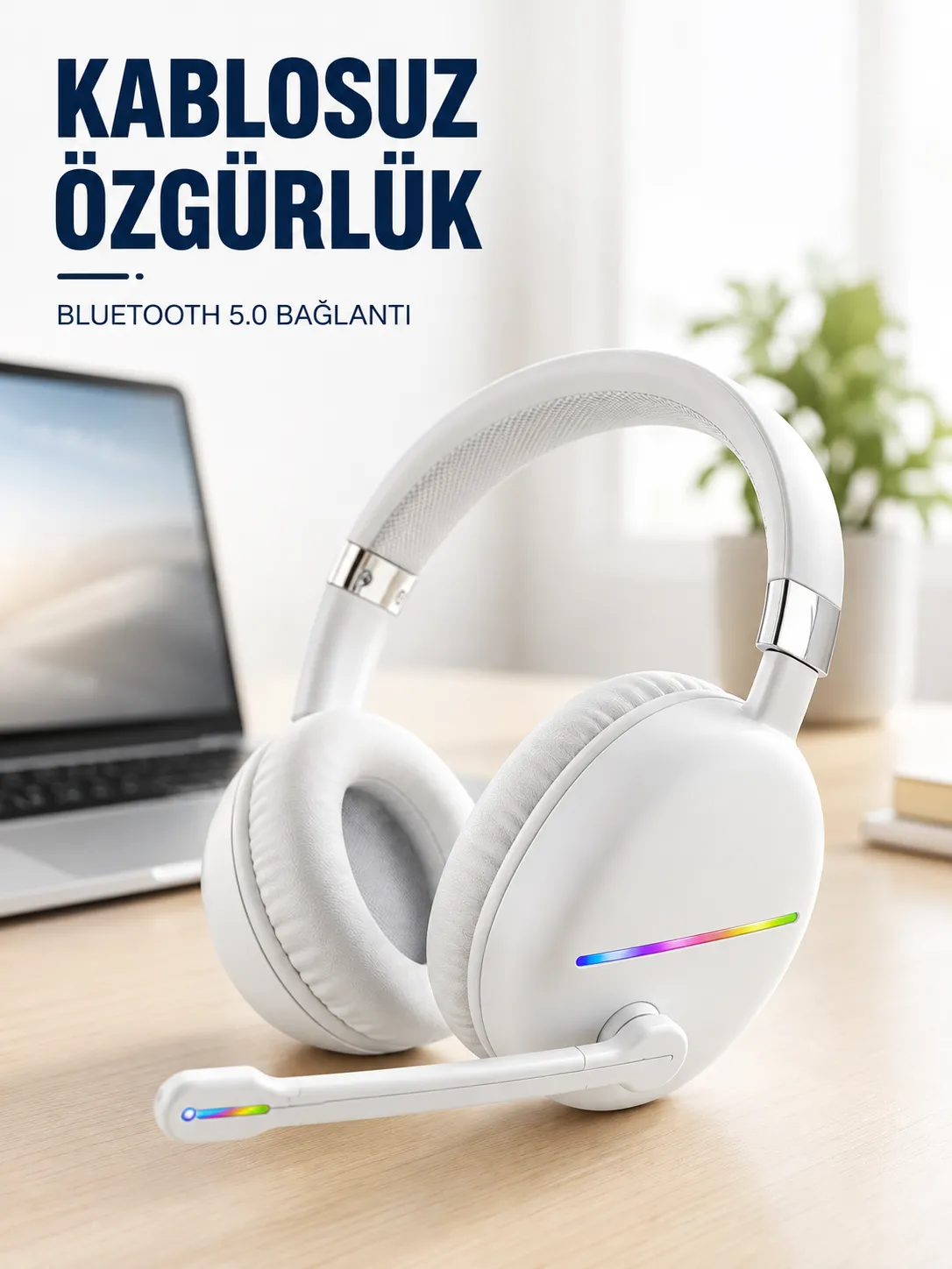 Kablosuz Bluetooth Mikrofonlu Beyaz Kulaklık  RGB Işıklı