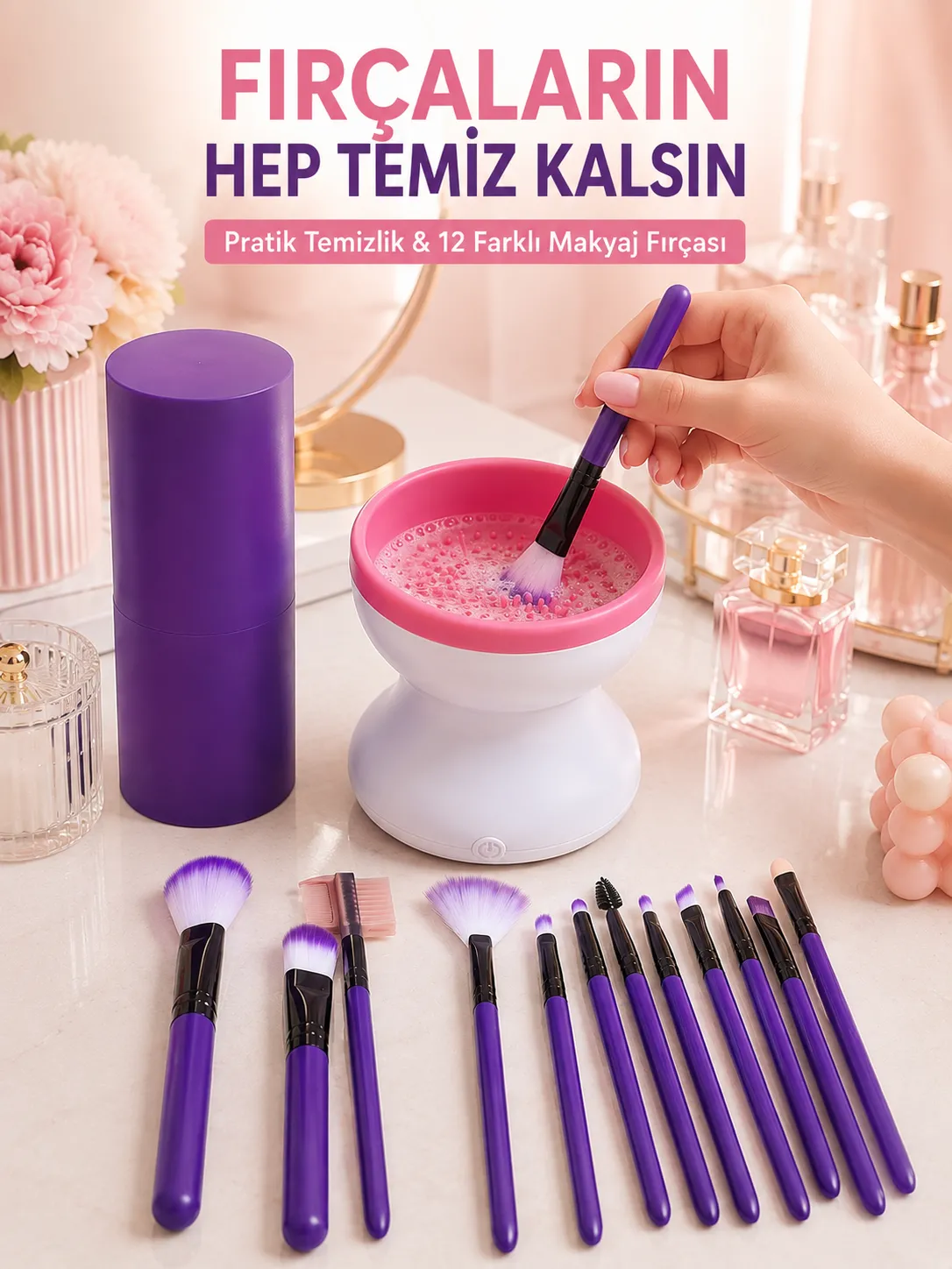 12’li Makyaj Fırça Seti ve Elektrikli Fırça Temizleme Cihazı Avantajlı İkili Makyaj Bakım Seti