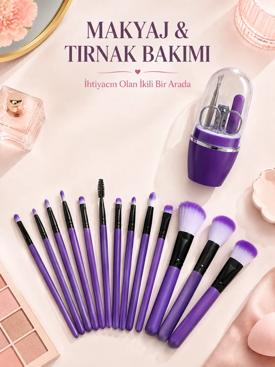 Makyaj ve Tırnak Bakım Seti 12’li Mor Makyaj Fırçaları Manikür Pedikür Seti Günlük Kişisel Bakım Paketi