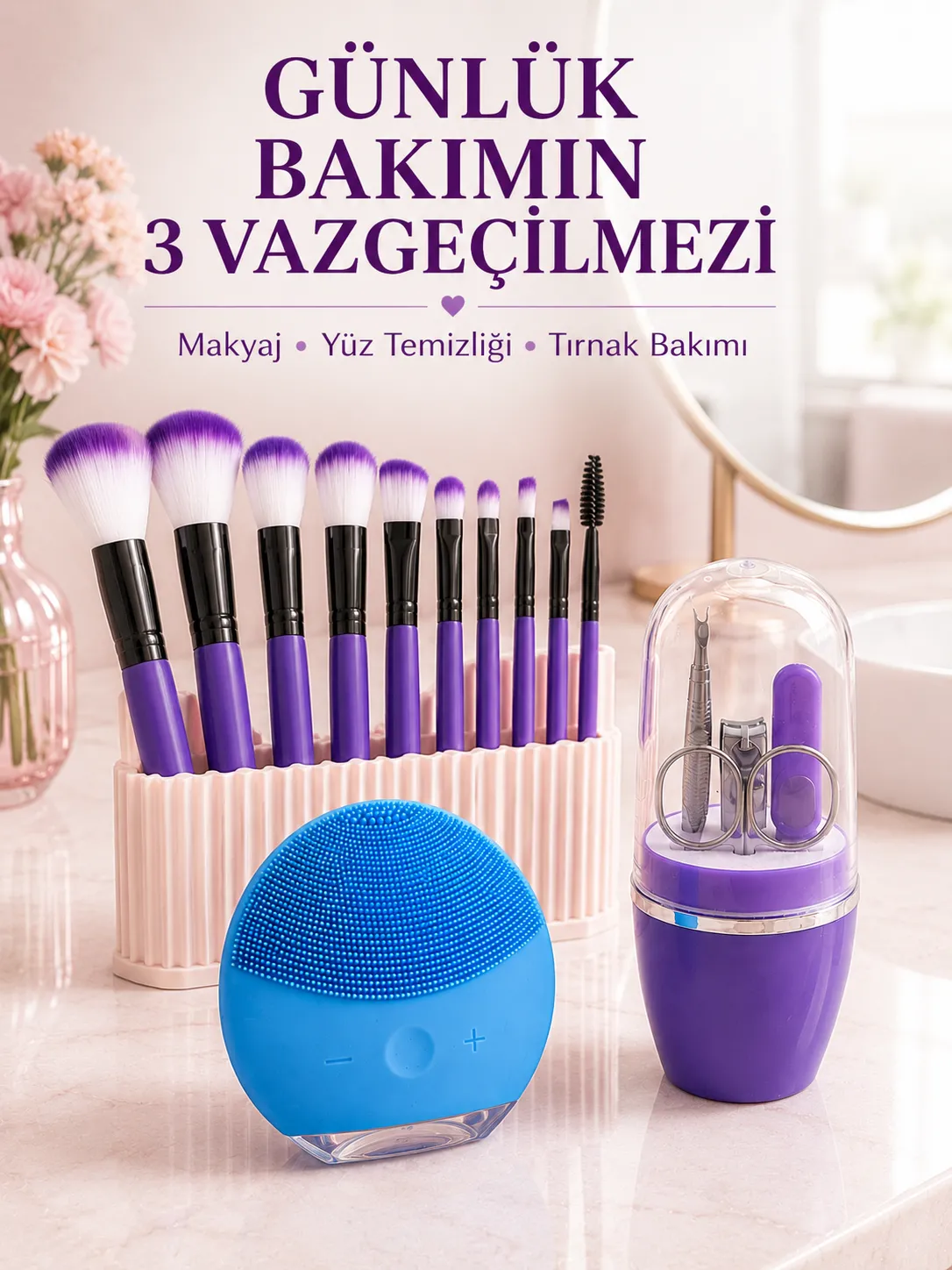 3’lü Güzellik ve Bakım Seti 12’li Mor Makyaj Fırçası Silikon Yüz Temizleme Cihazı ve Manikür Tırnak Bakım Seti