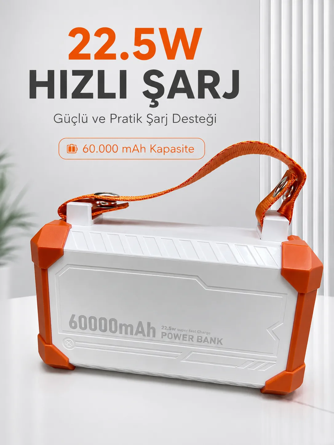 22.5W Hızlı Şarj Destekli 60000 mAh Powerbank 4 Dahili Kablolu Çoklu USB Type-C Çıkışlı Güç Bankası