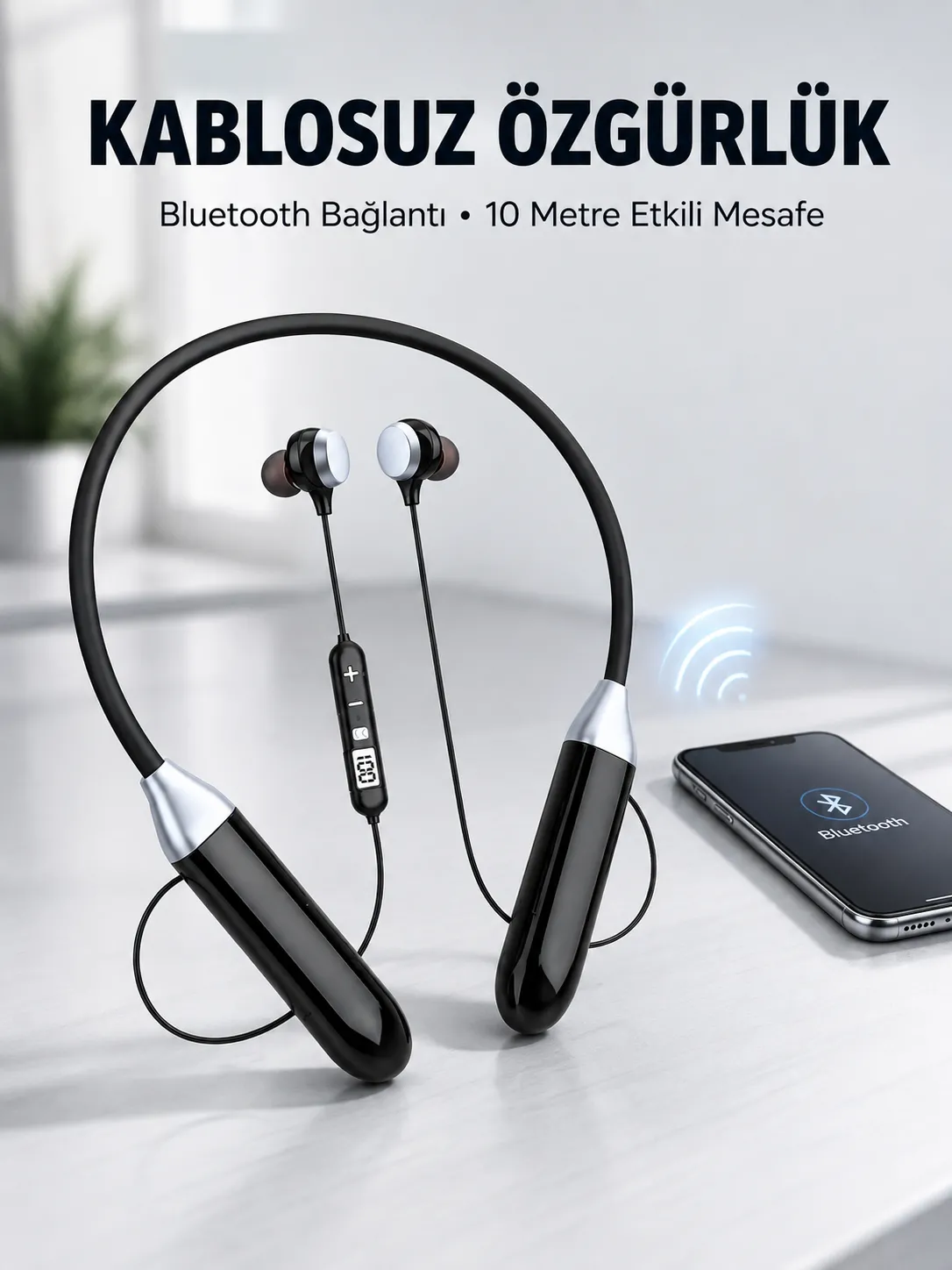 Mikrofonlu Boyun Bantlı Bluetooth Kulaklık Kablosuz Bağlantılı Ses ve Müzik Kontrollü Kulak İçi Kulaklık
