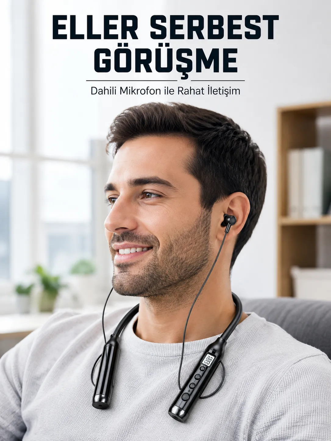 600 Saat Kullanım Süreli Boyun Tipi Bluetooth Kulaklık Mikrofonlu Dijital Göstergeli Kablosuz Kulak İçi Kulaklık