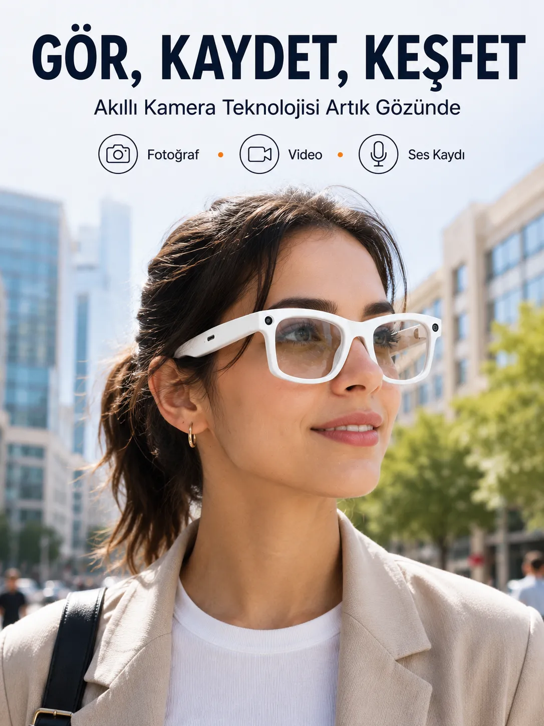 Beyaz Akıllı Kamera Gözlüğü Fotoğraf Video Çekimli Bluetooth Aramalı AI Destekli 3 Değiştirilebilir Lensli