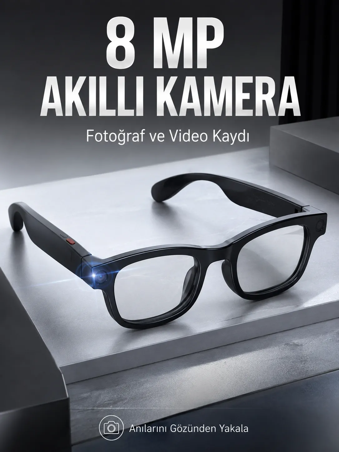 Siyah Bluetooth Akıllı Kamera Gözlüğü 8 MP Kameralı AI Çeviri Wi-Fi Fotoğraf Video Müzik Arama ve Dokunmatik Kontrollü