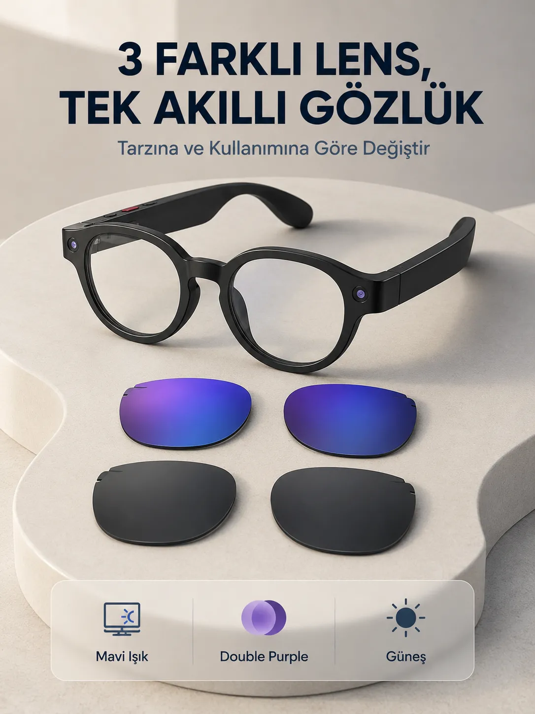 Siyah Akıllı Kamera Gözlüğü Fotoğraf Video Çekimli Yapay Zeka Destekli Bluetooth Çoklu Dil Çeviri 3 Lensli