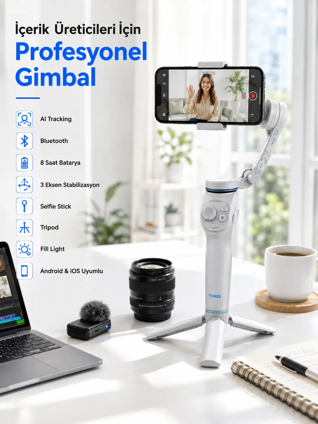 Akıllı Telefon Gimbal Sabitleyici 360° Takip Özellikli Profesyonel Video Çekim Stabilizeri