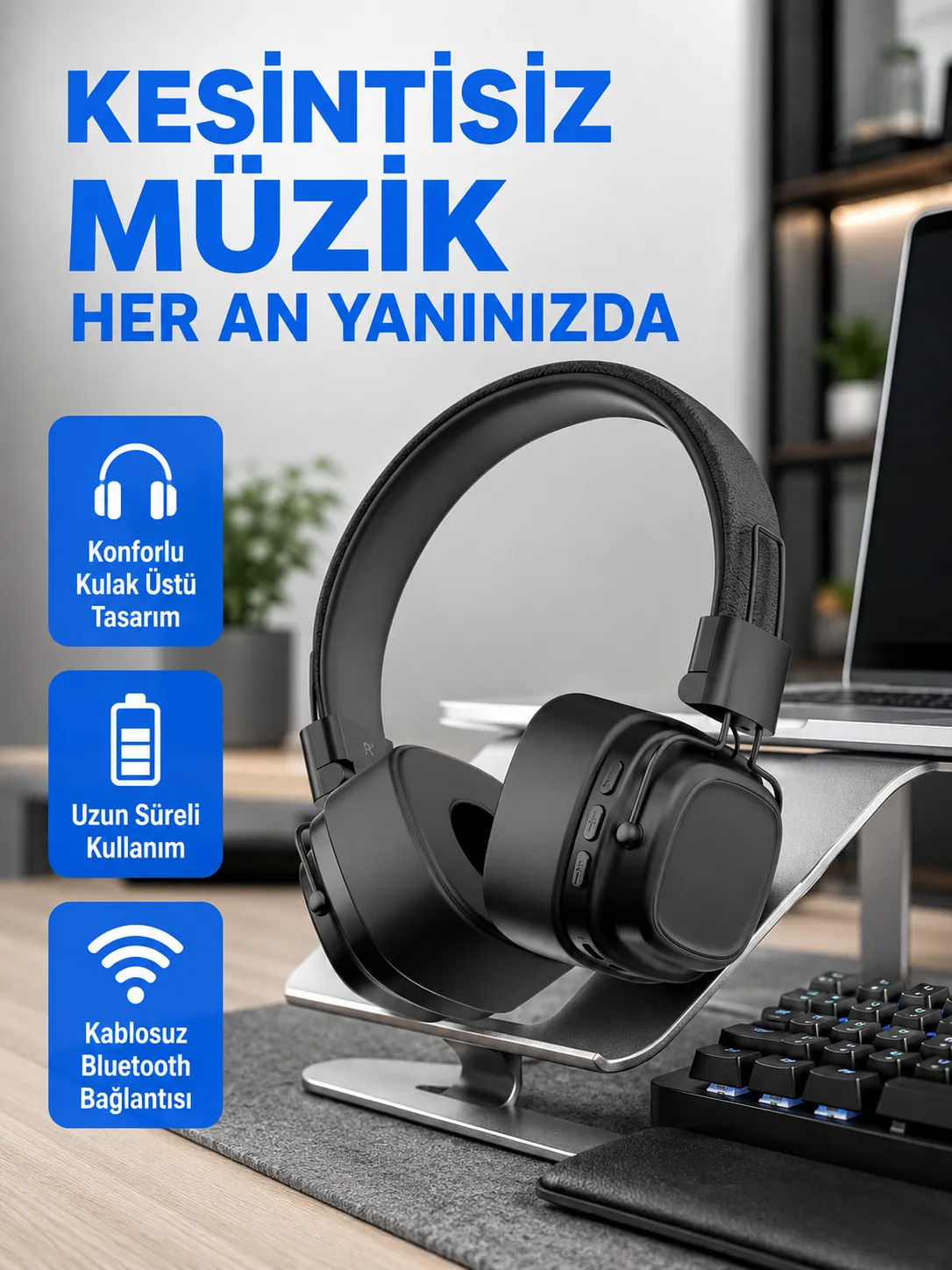 Bluetooth Kablosuz Kulak Üstü Kulaklık Katlanabilir Konforlu ve Şık Tasarımlı