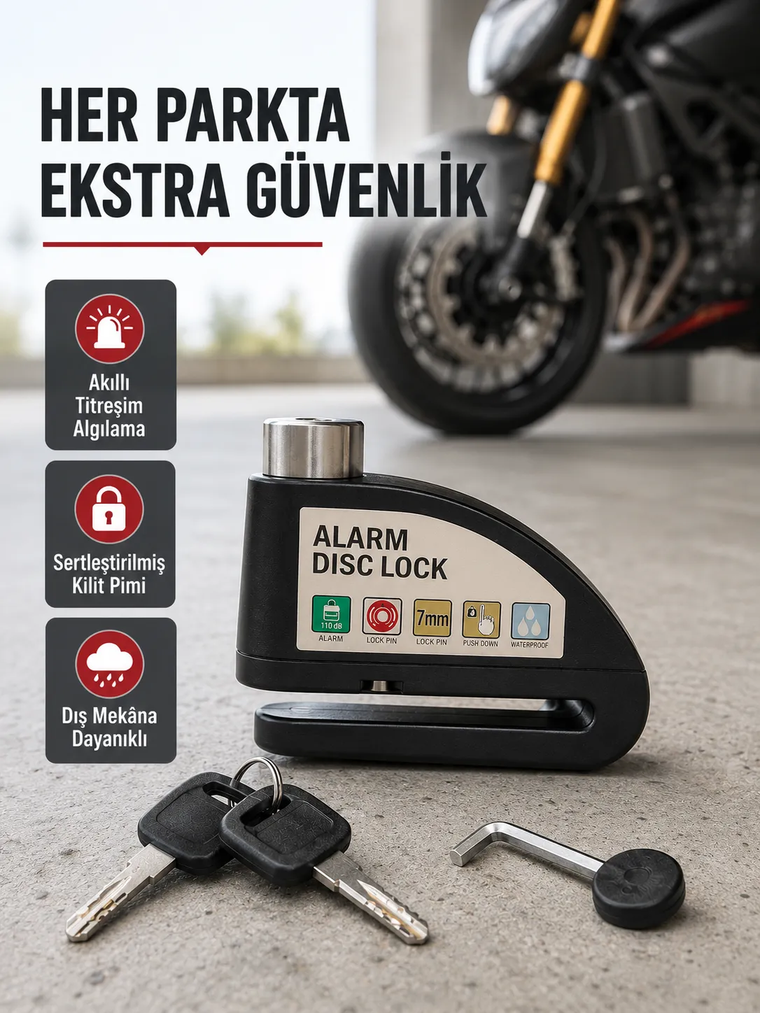 Titreşim Sensörlü Alarmlı Motosiklet Disk Kilidi 14mm Çelik Çift Kilitleme