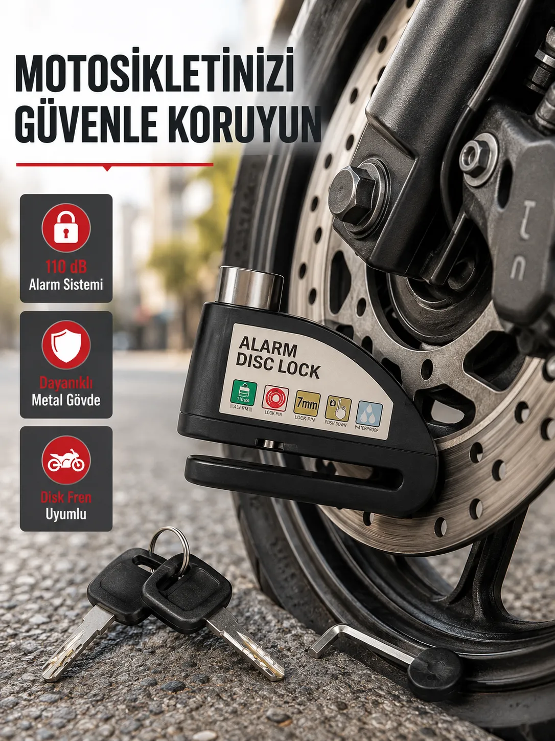 110 dB Alarmlı Disk Fren Kilidi Su Geçirmez Çelik Gövde Motosiklet Güvenlik