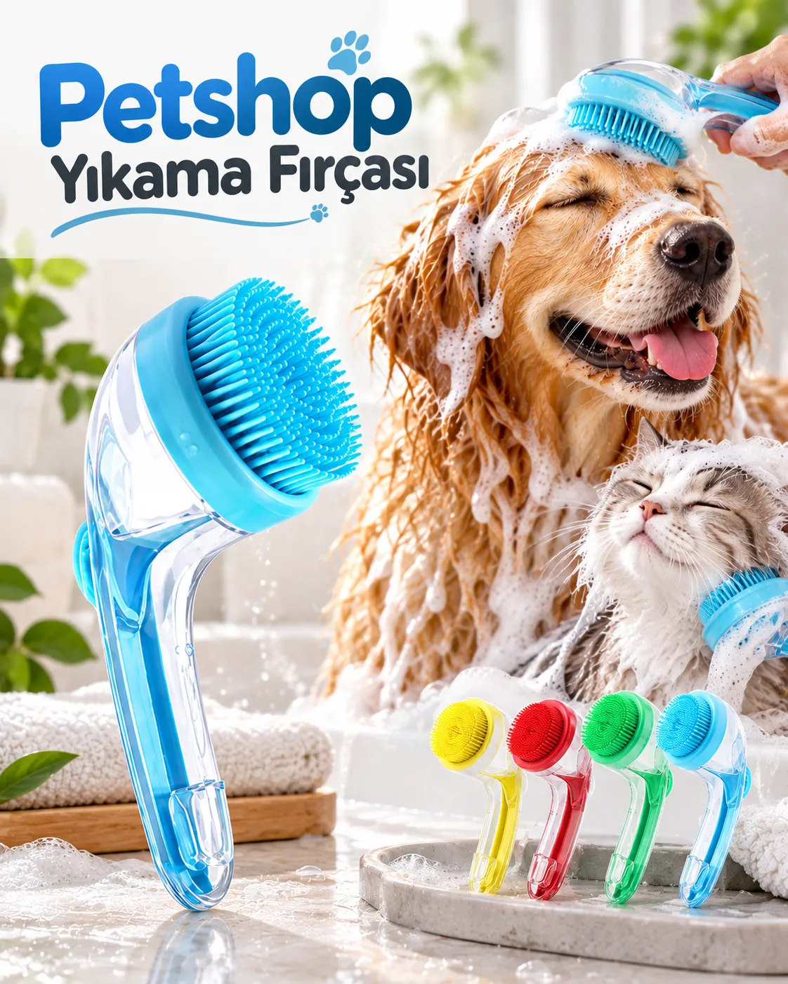 Köpek ve Kedi Yıkama Fırçası Şampuan Bölmeli Silikon Uçlu Pratik Banyo ve Temizlik Aparatı