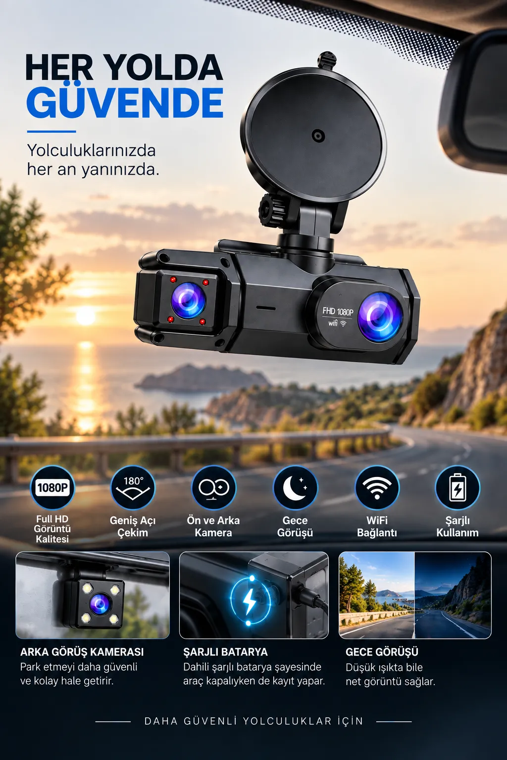 Ön Arka Kamera 1080P Full HD WiFi 180° Geniş Açı Şarjlı