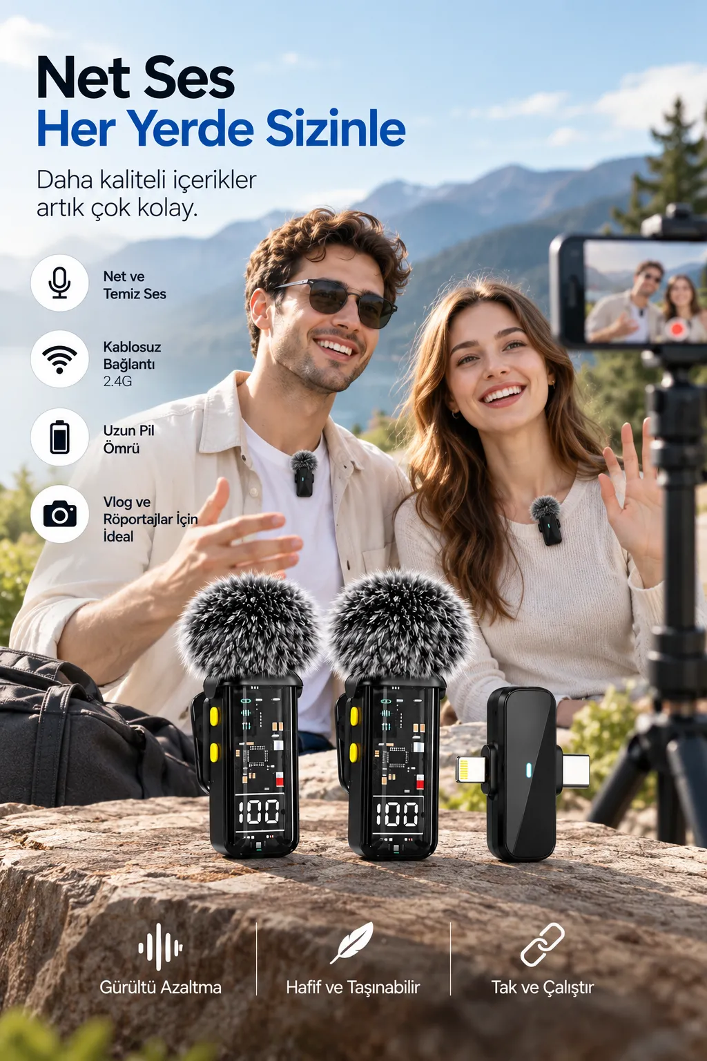 2.4G Kablosuz Çift Mikrofonlu Yaka Mikrofonu İçerik Üretim Seti