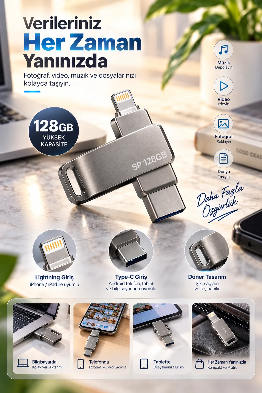 Döner Tasarımlı 128GB Lightning Type C USB Flash Bellek Telefon Tablet ve Bilgisayar Uyumlu