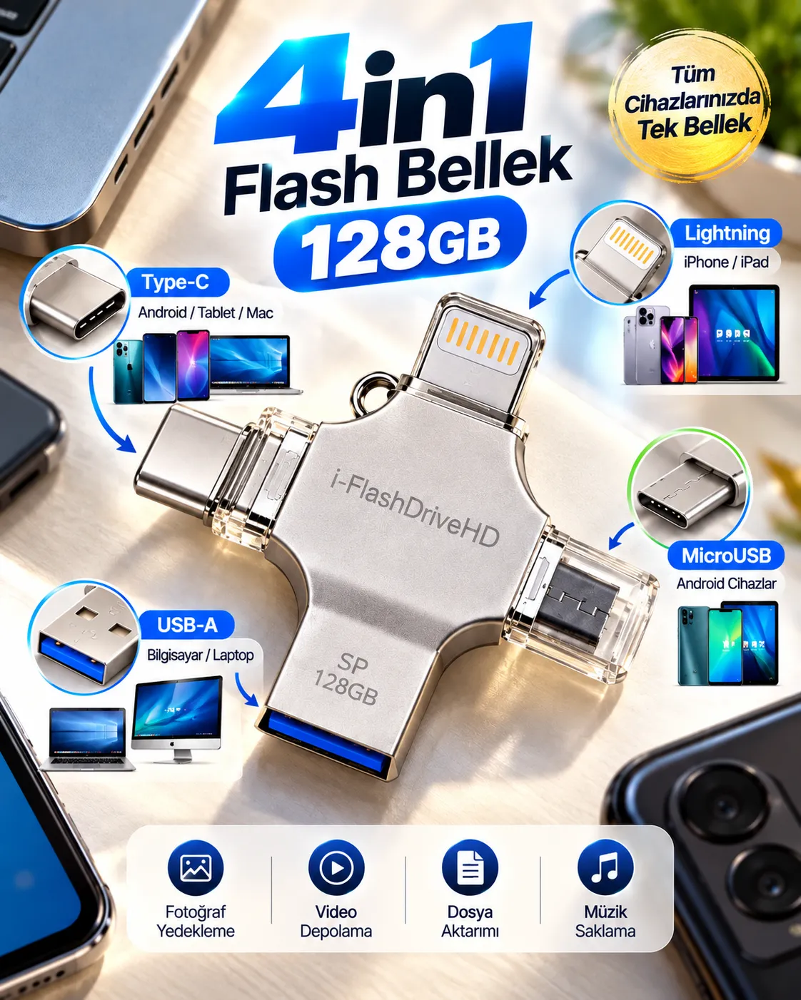 128GB 4’lü Girişli Flash Bellek Lightning Type-C USB-A MicroUSB Telefon Tablet Bilgisayar Uyumlu