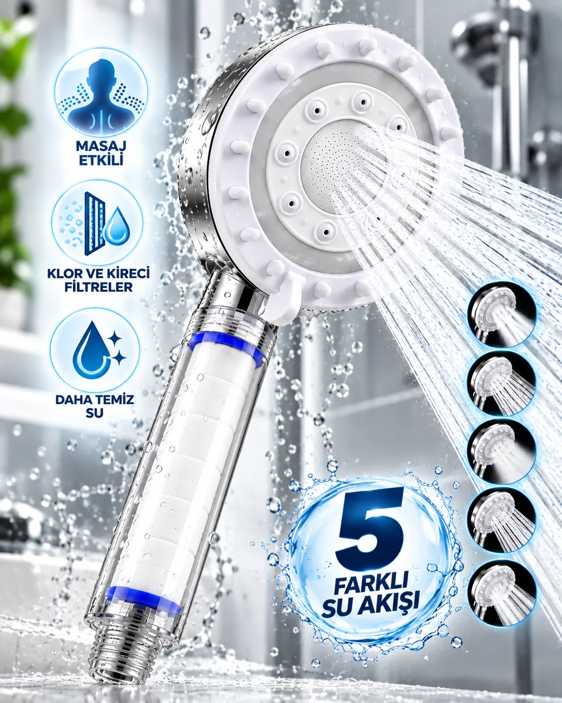 Klor ve Kireç Filtreli Duş Başlığı 5 Farklı Su Akışı Masaj Etkili Filtreli Duş Başlığı