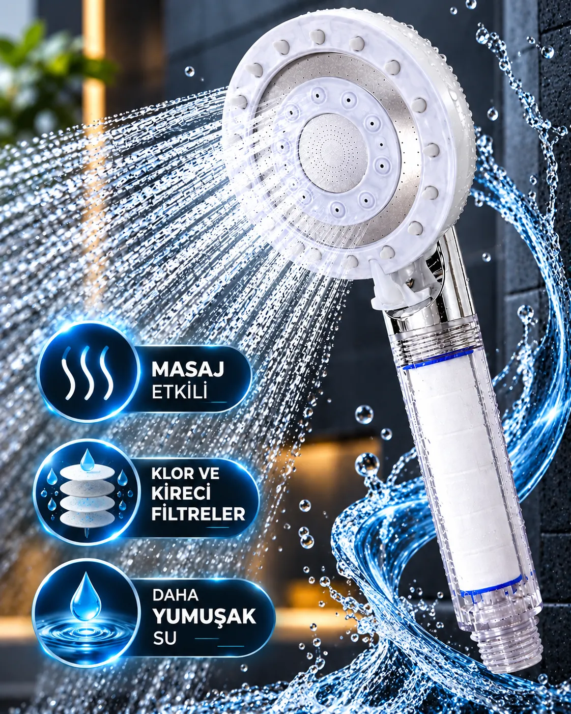 Filtreli Duş Başlığı 5 Fonksiyonlu Masaj Etkili Klor ve Kireç Filtreli Beyaz Duş Başlığı