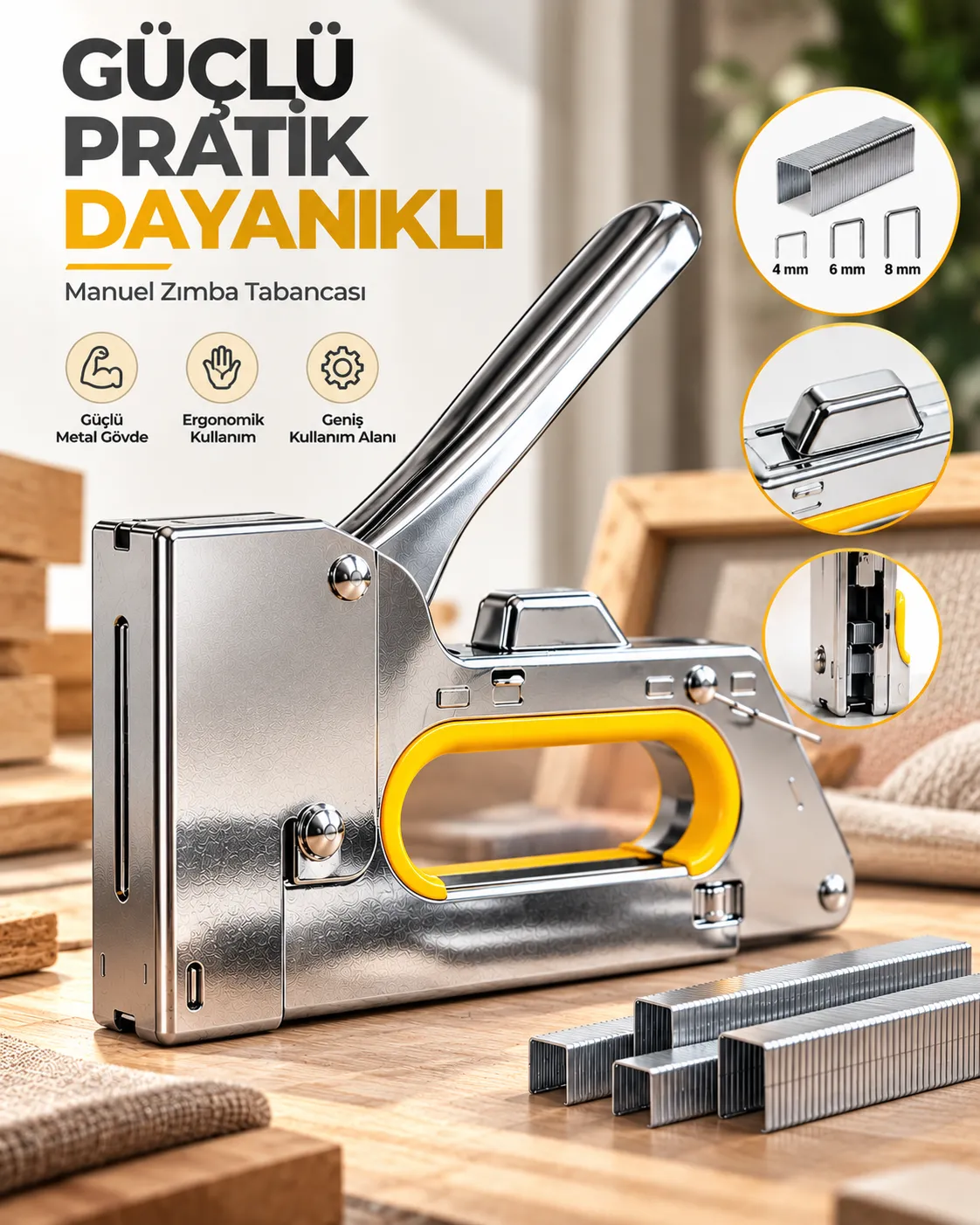 Güçlü Metal Gövdeli Manuel Zımba Tabancası No.13 4-6-8 mm Döşeme Kumaş Ahşap Sabitleme