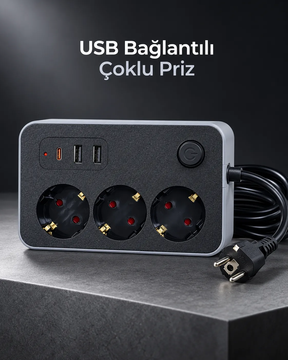 Çalışma Alanlarına Uygun Anahtarlı USB ve Type C Şarj Çıkışlı Kablolu Çoklu Priz
