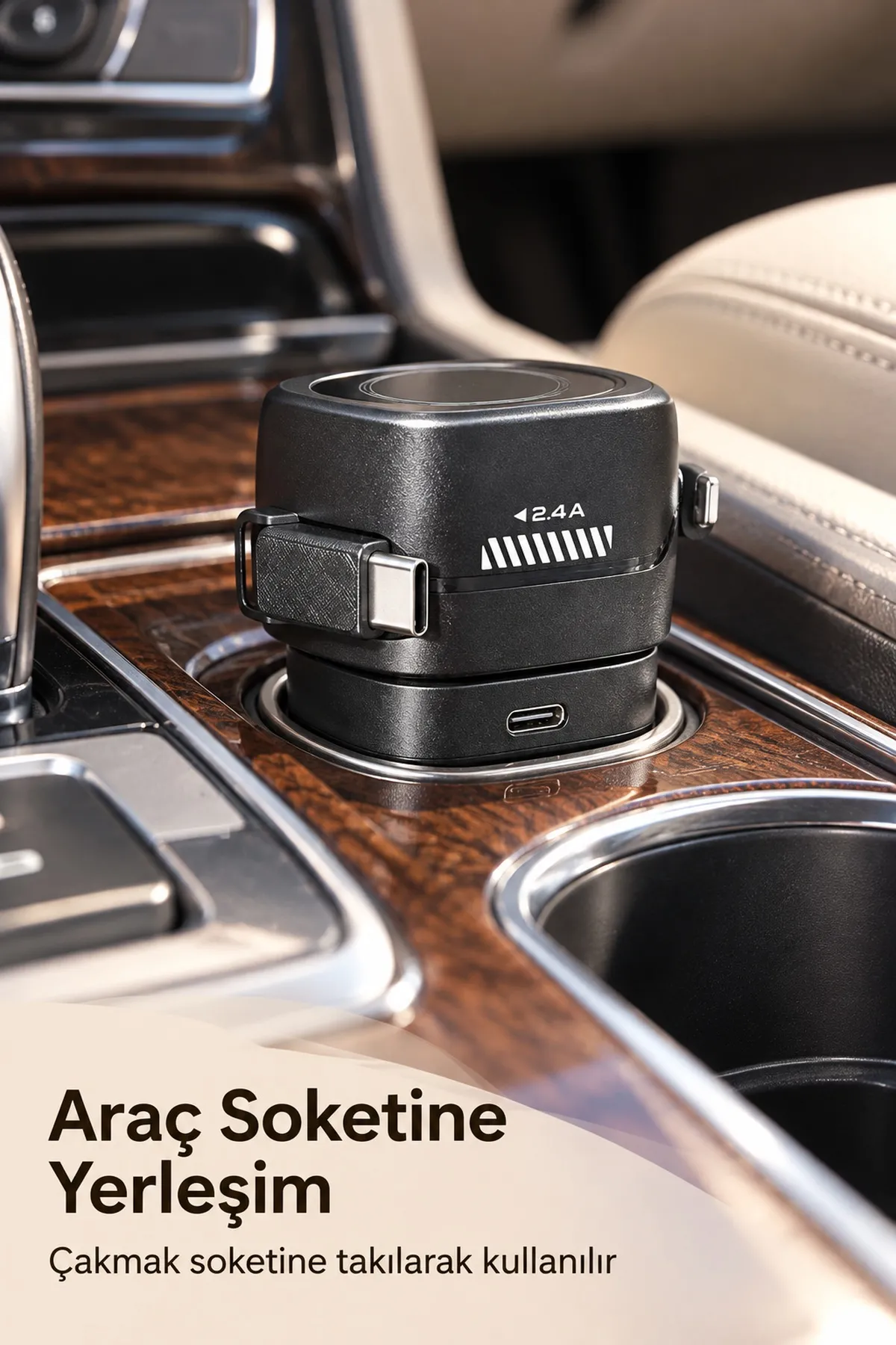 Kendinden Kablolu Hızlı Araç Şarj Cihazı USB ve Type C Çıkışlı
