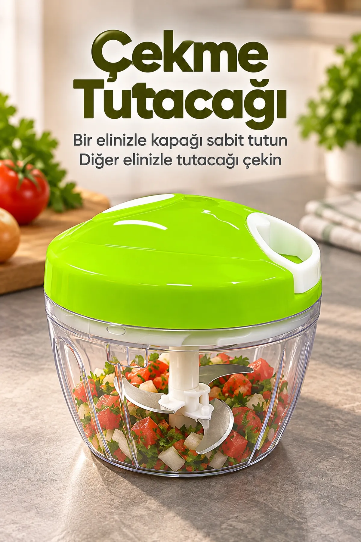 İpli Sebze Doğrayıcı Üç Bıçaklı Şeffaf Hazneli Yeşil