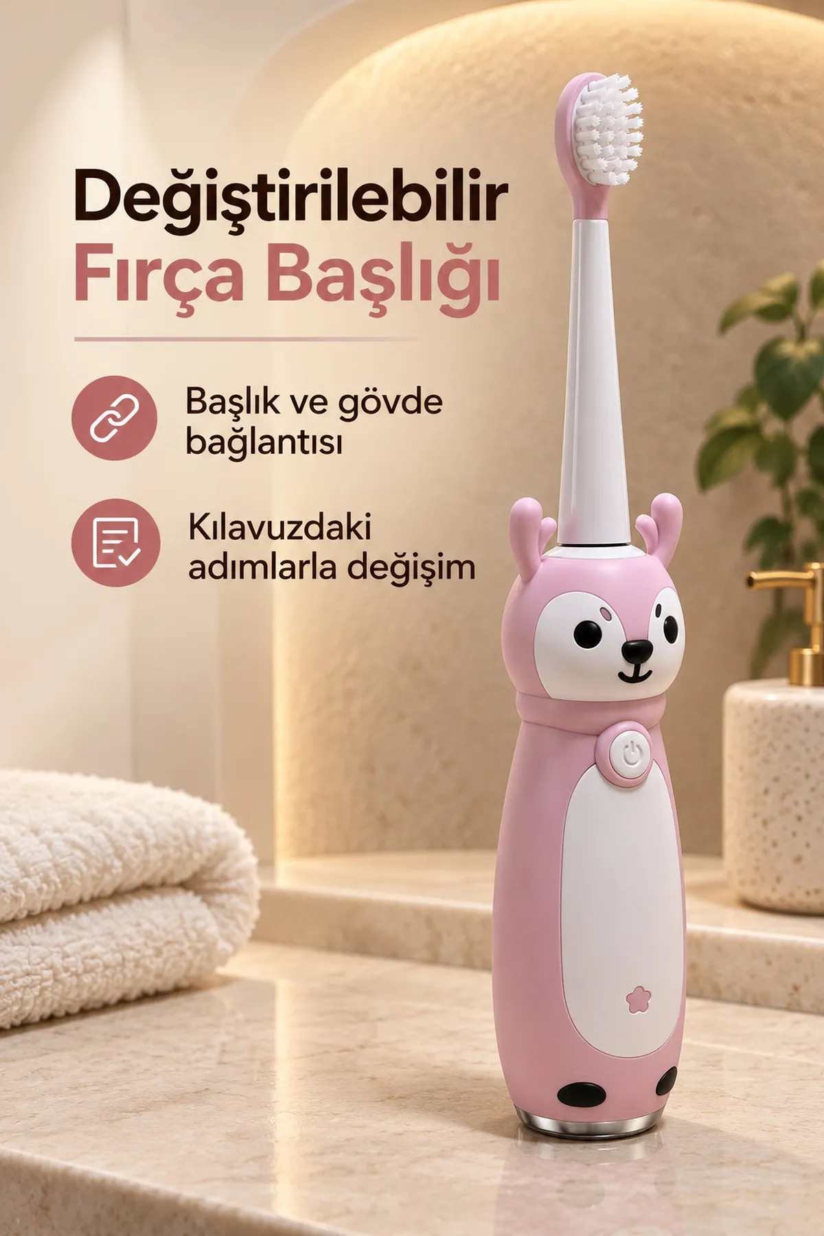 Çocuk Diş Fırçası Pembe Gövdeli Açma Kapama Düğmeli