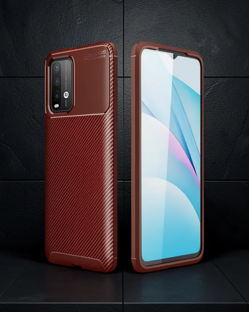 Xiaomi Redmi 9T Kılıf Auto Focus Karbon Kapak - Kahverengi